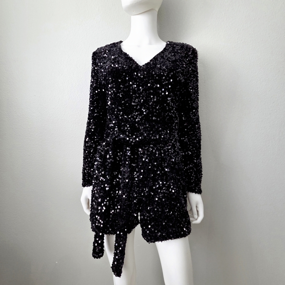 Black Sequin Long Sleeve Romper With V-Neckline & Removable Belt, Size Small - Picture 14 of 16